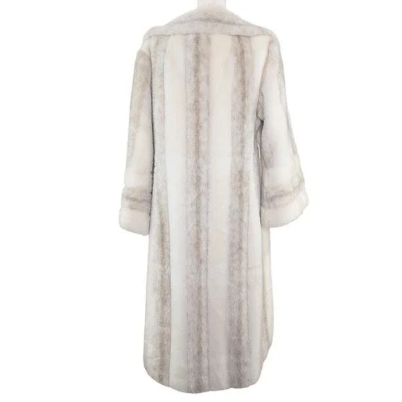 Vintage Faux Fur Long Coat Cream Gray Striped Oversized M/L Mob Wife Maximalist - Picture 4 of 13